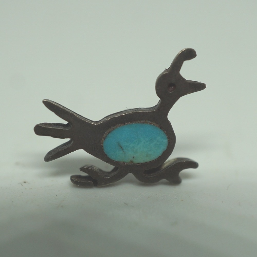 Vintage Zuni Style Sterling Silver Roadrunner Bird Tie Tack Turquoise Inlay
